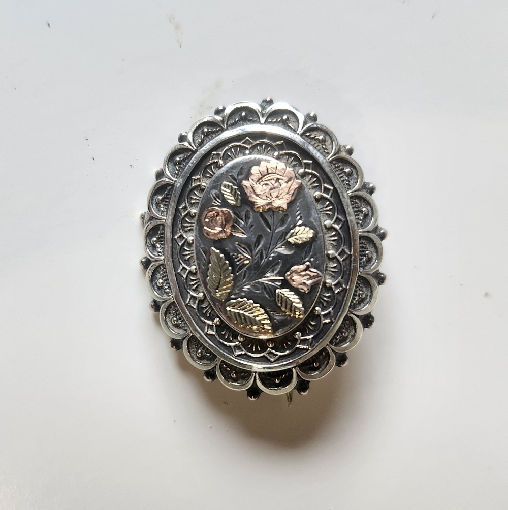 Victorian Sterling Silver Brooch Applied Gold Signed